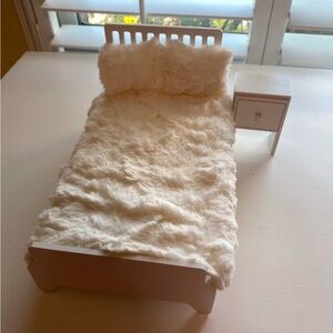 Doll Wooden Bed with side table, Blanket, Pillows